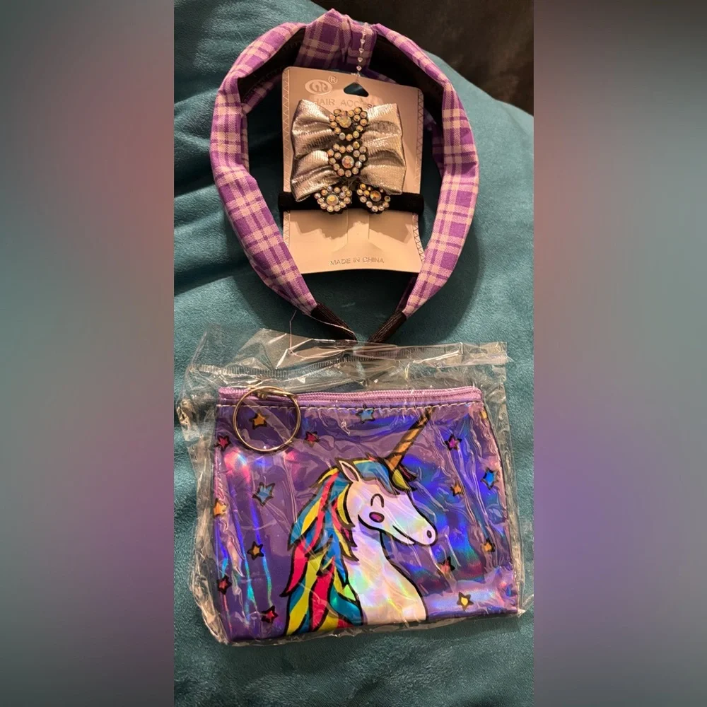 Kids Checkered Headband and Unicorn Pouch Set